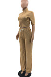 Orange Women Casual Solid Color Tops Turn-Down Collar Pants Sets JR3652-2