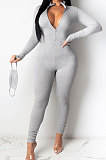 Light Yellow Ribber Letter Embroidery Long Sleeve Zipper Slim Fitting Bodycon Jumpsuits QZ6115-2
