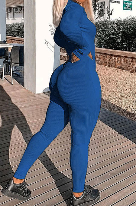 Light Yellow Ribber Letter Embroidery Long Sleeve Zipper Slim Fitting Bodycon Jumpsuits QZ6115-2