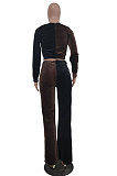 Purple Yellow Wolesale Women Velvet Contrast Color Spliced Long Sleeve Zipper Hoodie Flare Pants Sets TRS1178-1