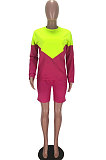  Blue Green Spliced Long Sleeve Round Neck Loose Top Shorts Two-Piece LMM8276-1