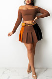 Black Wholesale A Word Shoulder Long Sleeve Crop Top Spliced Ruffle Pleated Skirts TRS1175-1
