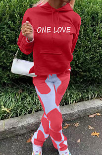 Red Casual Digital Letter Print Long Sleeve Hoodie Pencil Pants Sport Sets TK6140-2