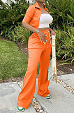 Khaki Women Casual Solid Color Tops Turn-Down Collar Pants Sets JR3652-3