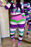 Purple Autumn Winter Stripe Ribber Print Long Sleeve Zipper Top Pencil Pants Sets TK6138-1