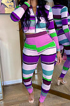 Purple Autumn Winter Stripe Ribber Print Long Sleeve Zipper Top Pencil Pants Sets TK6138-1