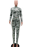Green Wholesale Print Long Sleeve Zip Front Mesh Spliced Ruffle Hip Pants Sport Sets TK6139-1