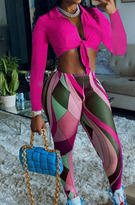 Rose Red Modest Long Sleeve Bandage Crop Top Digital Print Pencil Pants Two-Piece MN8381-2