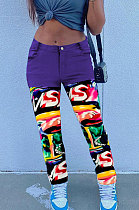 Purple Print Spliced Mid Waist Jean Shift Pants LSZ9058-3
