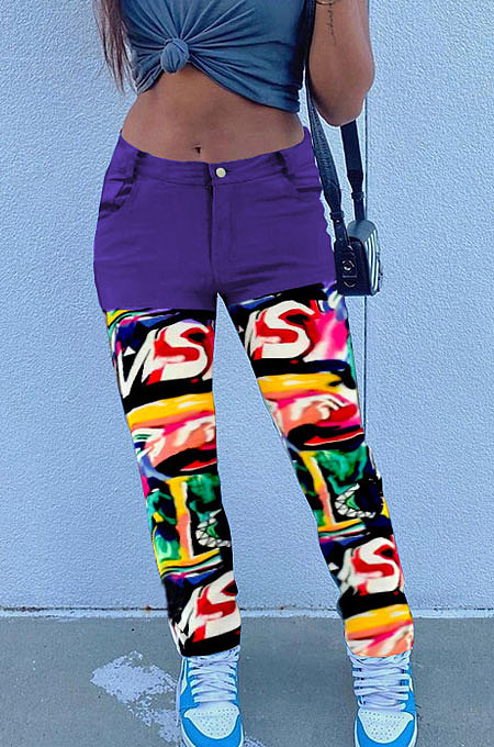 Red Print Spliced Mid Waist Jean Shift Pants LSZ9058-2