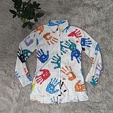 Multicolor Handprint Women Trendy Casual Printing Long Sleeve Turn-Down Collar Cardigan Single-Breasted Shirts YZ7062