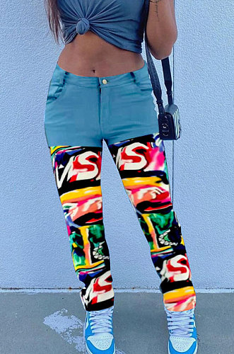 Light  Blue Print Spliced Mid Waist Jean Shift Pants LSZ9058-1