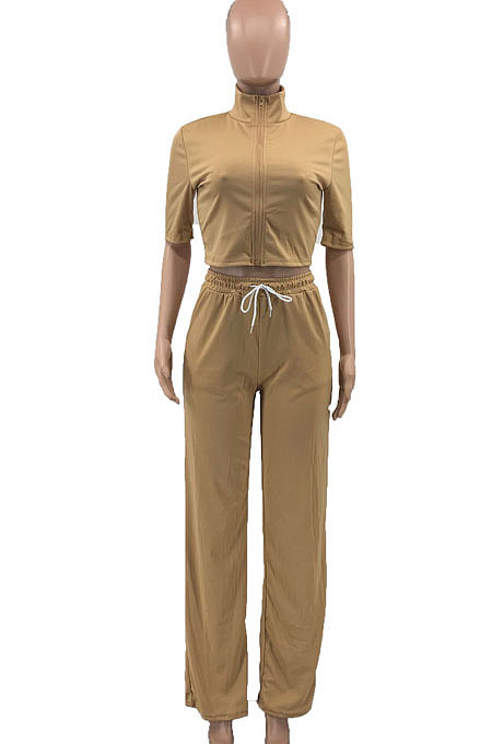 Green Women Casual Solid Color Tops Turn-Down Collar Pants Sets JR3652-4