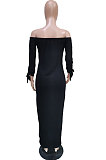 Black Cute Pattern A Word Shoulder Long Sleeve Both Sides Split Dress BBN199-2