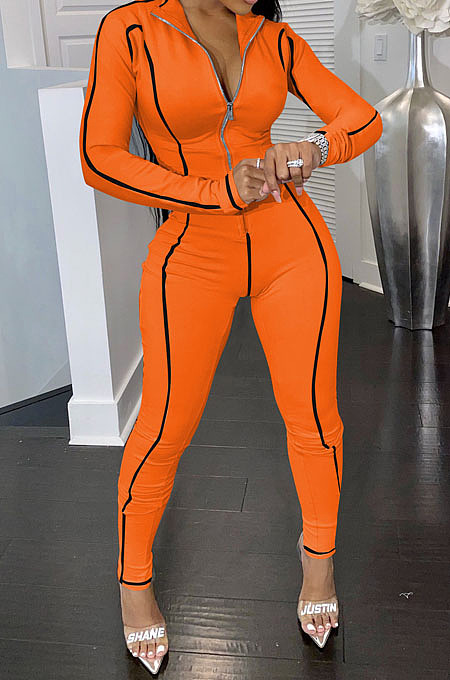 Orange Women Skinny Tight Long Sleeve Zipper Bodycon Jumpsuits JR3644-4