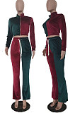 Purple Yellow Wolesale Women Velvet Contrast Color Spliced Long Sleeve Zipper Hoodie Flare Pants Sets TRS1178-1