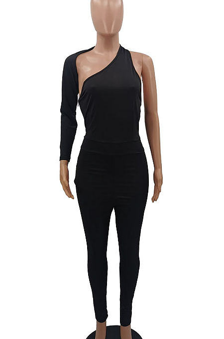 White Euramerican Women Sexy Trendy One Shoulder Pure Color Backless Bodycon Jumpsuits QMX1010-1
