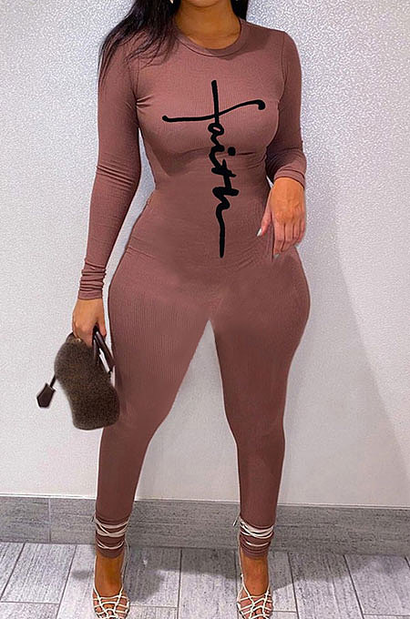 Gray Women Ribber Solid Color Long Sleeve Round Collar Bodycon Jumpsuits MLD5058-1