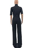 Green Women Casual Solid Color Tops Turn-Down Collar Pants Sets JR3652-4