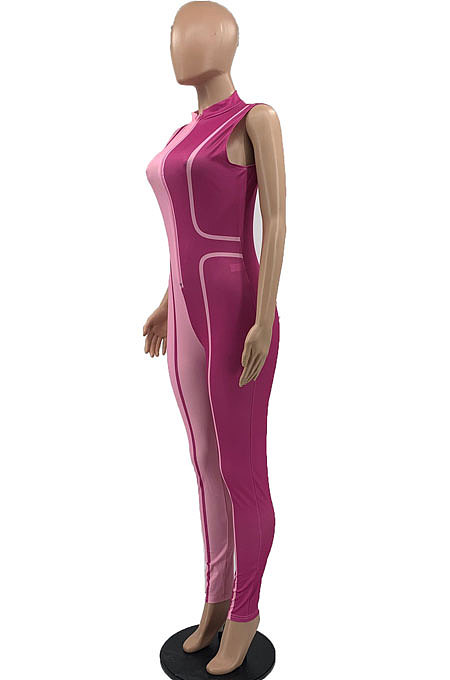 Red Euramerican Women Tight Sleeveless Spliced Zipper Low Waist Bodycon Jumpsuits JR3649-2