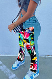 Purple Print Spliced Mid Waist Jean Shift Pants LSZ9058-3