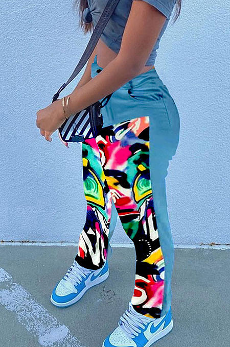 Red Print Spliced Mid Waist Jean Shift Pants LSZ9058-2
