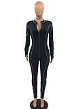 Gray Women Skinny Tight Long Sleeve Zipper Bodycon Jumpsuits JR3644-2