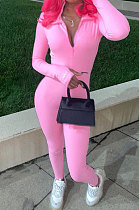 Pink Ribber Letter Embroidery Long Sleeve Zipper Slim Fitting Bodycon Jumpsuits QZ6115-5