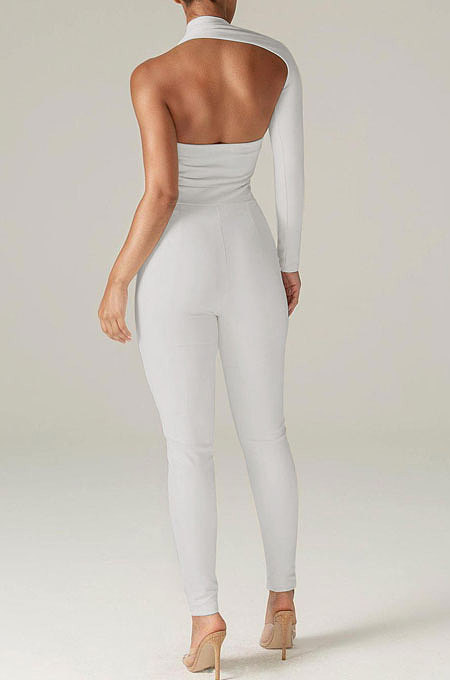 Black Euramerican Women Sexy Trendy One Shoulder Pure Color Backless Bodycon Jumpsuits QMX1010-2