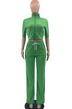 Green Women Casual Solid Color Tops Turn-Down Collar Pants Sets JR3652-4