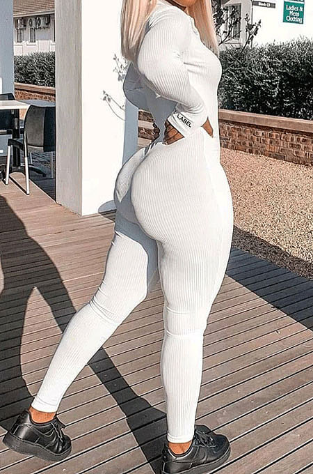 Black Ribber Letter Embroidery Long Sleeve Zipper Slim Fitting Bodycon Jumpsuits QZ6115-7