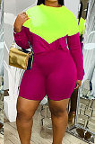  Blue Green Spliced Long Sleeve Round Neck Loose Top Shorts Two-Piece LMM8276-1