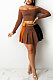 Coffee Wholesale A Word Shoulder Long Sleeve Crop Top Spliced Ruffle Pleated Skirts TRS1175-4