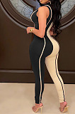 Blue Euramerican Women Tight Sleeveless Spliced Zipper Low Waist Bodycon Jumpsuits JR3649-4