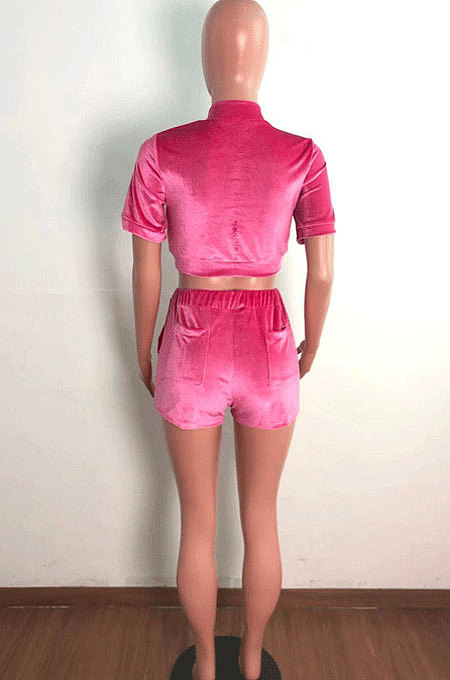 Pink Velvet Short Sleeve Zip Front Crop Top Shorts Pure Color Sets QZ4351-1