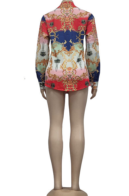 Red Women Single-Breasted Casual Digital Printing Long Sleeve Shirts  YZ7054