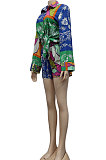 Green Women Single-Breasted Casual Digital Printing Long Sleeve Shirts Shorts Two-Pieces YZ7049