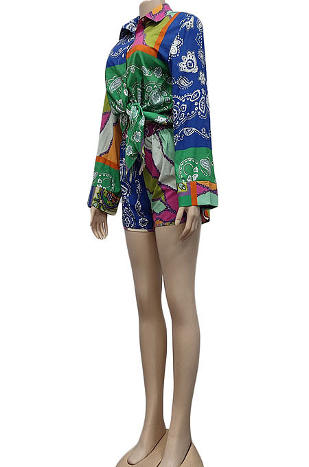 Green Women Single-Breasted Casual Digital Printing Long Sleeve Shirts Shorts Two-Pieces YZ7049