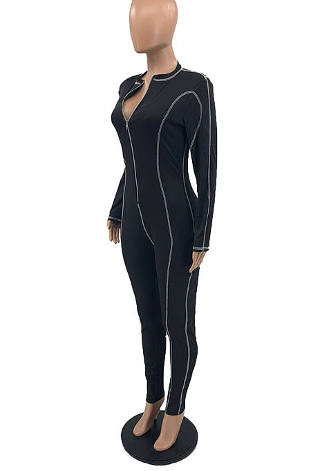 Blue Women Skinny Tight Long Sleeve Zipper Bodycon Jumpsuits JR3644-3