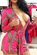 Rose Red Digital Print Long Sleeve Deep V Neck Bandage Romper Shorts LMM8275
