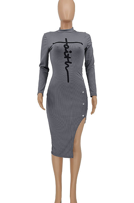 Gray Autumn Bodycon Sexy Split Irregular Spliced Midi Dress HZF57813-1