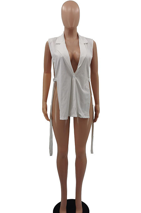 Black Women Fashion Casual Pure Color Sleeveless Turn-Down Collar Suit Jacket QMX1008-2