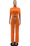 Orange Women Casual Solid Color Tops Turn-Down Collar Pants Sets JR3652-2
