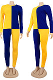 Blue Rose Red Euramerican Sexy Women Autumn Spliced Color Block Long Sleeve Long Pants Sets KZ158-4