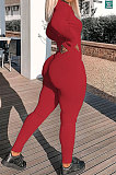 Light Yellow Ribber Letter Embroidery Long Sleeve Zipper Slim Fitting Bodycon Jumpsuits QZ6115-2