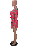 Rose Red Digital Print Long Sleeve Deep V Neck Bandage Romper Shorts LMM8275