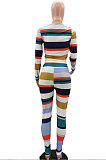 Purple Autumn Winter Stripe Ribber Print Long Sleeve Zipper Top Pencil Pants Sets TK6138-1
