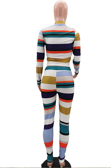Purple Autumn Winter Stripe Ribber Print Long Sleeve Zipper Top Pencil Pants Sets TK6138-1