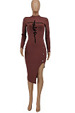 Brown Autumn Bodycon Sexy Split Irregular Spliced Midi Dress HZF57813-2