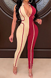 Purple Euramerican Women Tight Sleeveless Spliced Zipper Low Waist Bodycon Jumpsuits JR3649-3